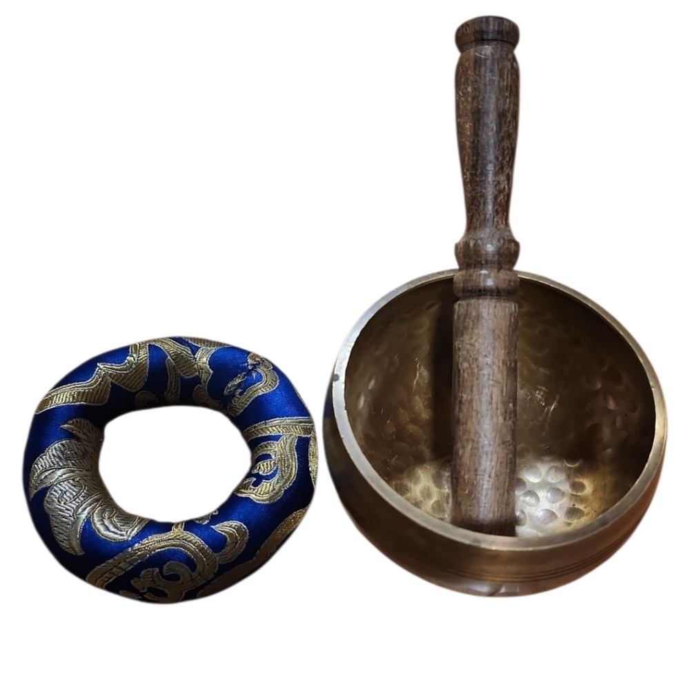 Handcrafted Tibetan Singing Bowl Set Brass with Wooden Mallet & Silk Cushion - Picture 3 of 5